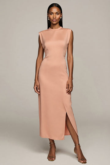 Blush Satin Sheath Round Neck Long Formal Dress with Slit